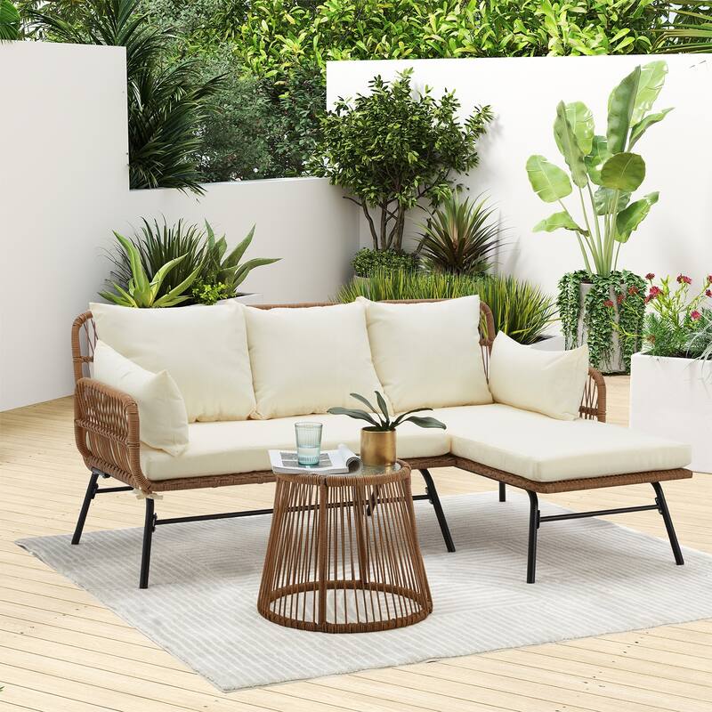 Sectional Wicker Conversation Sofa Set, 3 Piece Patio Furniture Set with Thick Cushions and Toughened Glass Coffee Table