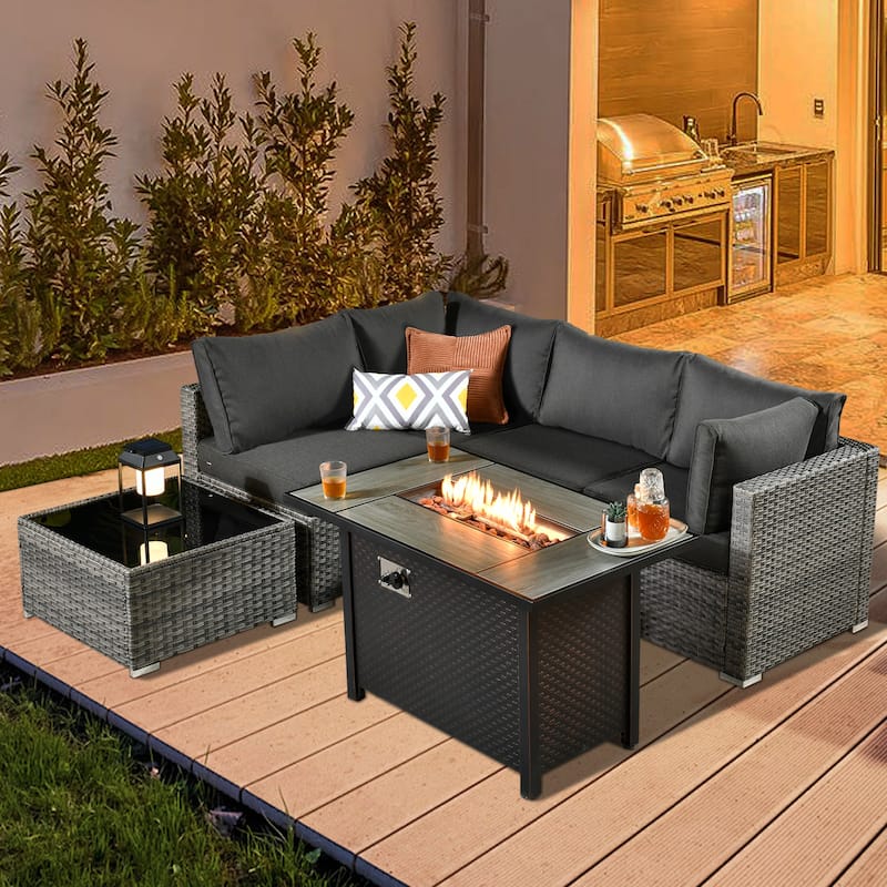 HOOOWOOO 6-piece Patio Rattan Sectional Set with Fire Pit Table - Black