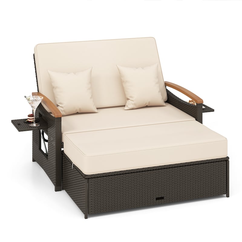 Patio Rattan Daybed Set with Cushioned Loveseat & Storage Ottoman - Beige