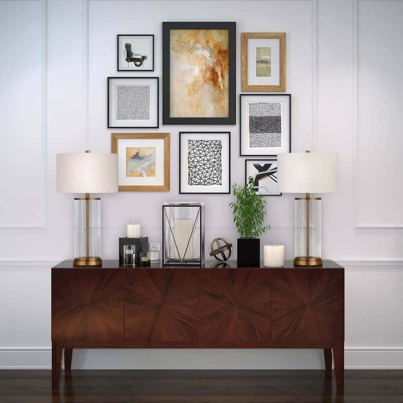 Reeves Cylindrical Clear Glass & Antique Brass Table Lamp with Linen Shade