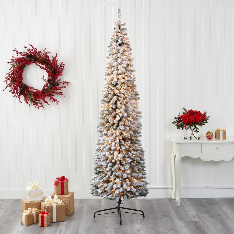 8' Flocked Pencil Christmas Tree with 500 Clear Lights - Green
