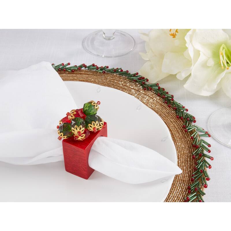 Holly Jolly Square Beaded Napkin Ring (Set of 4) - Red