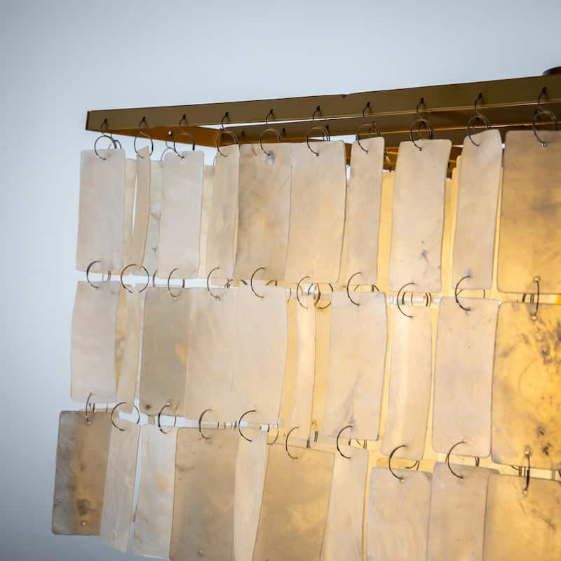 CraftHome 3-Light Coastal Natural Capiz Shell Tiered Chandelier With Square Antique Gold Frame