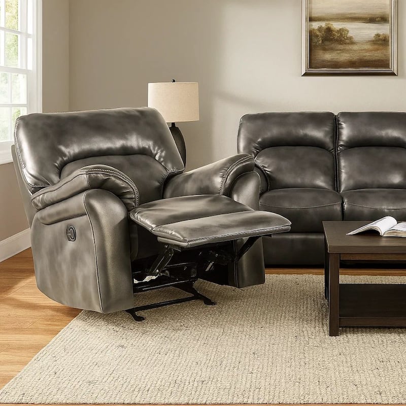 Josy Manual Glider Recliner Chair, Pillow Top Arms, Dark Gray Faux Leather