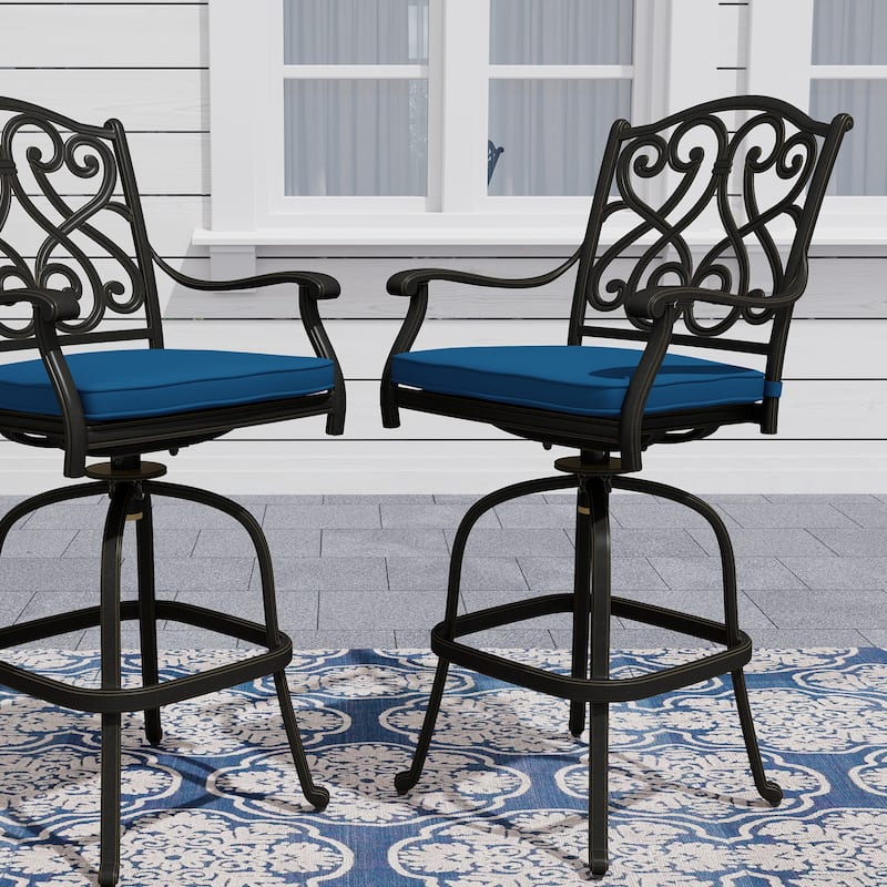 Cast Aluminum Outdoor Stool with Cushion (Set of 2) - Blue