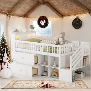Functional and Safe Twin Kids Bed Loft Bed with LED and Storage for Bedroom