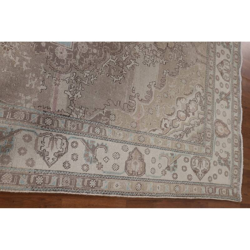 Distressed Tabriz Persian Vintage Rug Handmade Beige Wool Carpet - 6'6"x 9'8"