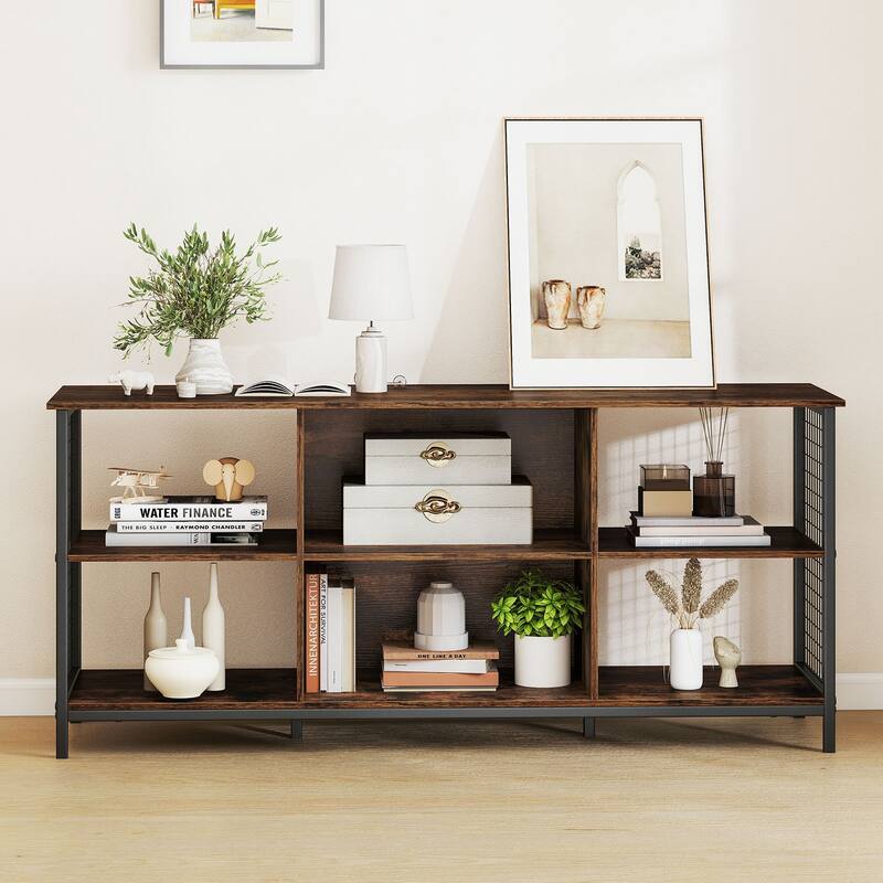 55 Inch Rustic Wood and Metal TV Cabinet with USB Charging and AC Power Outlet 3-Tier Open Storage - 55" x 16" x 25"