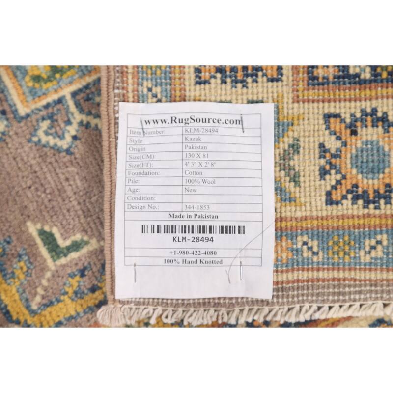 Geometric Brown Kazak Foyer Rug Hand-Knotted Wool Carpet - 2'8" x 4'3"