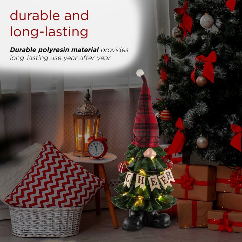 Alpine Corporation 28"H Polyresin Christmas Tree Gnome Decoration with Color Changing LED Lights