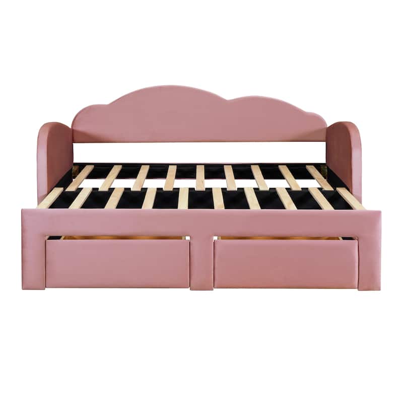 Twin Size Upholstered Daybed with 2 Storage Drawers and Trundle, Velvet Sofa Bed Frame with Cloud-Shaped Backrest and USB Ports