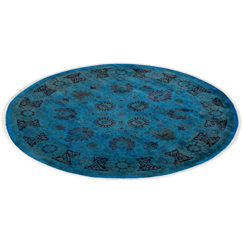 Overton Hand Knotted Wool Vintage Inspired Modern Contemporary Overdyed Blue Round Area Rug - 6' 1" x 6' 1"