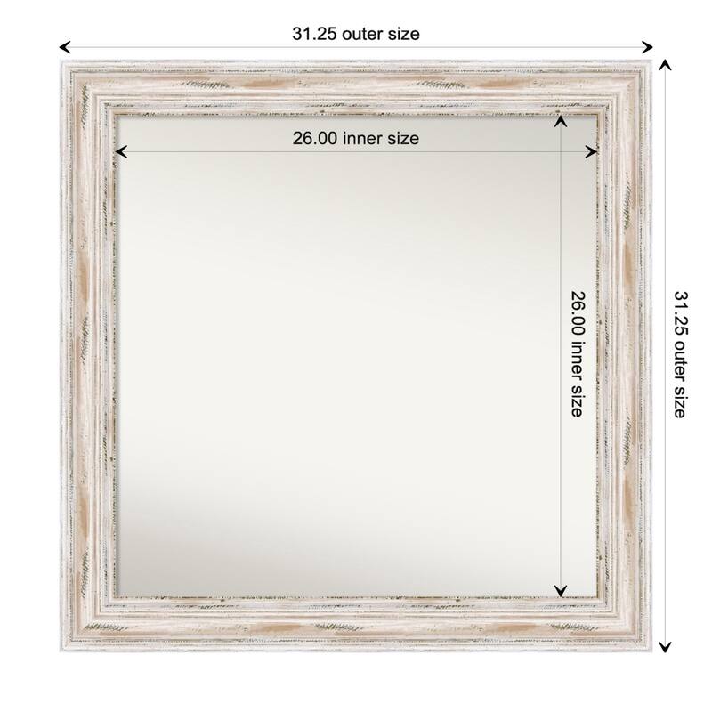 Alexandria White Wash Framed Non-Beveled Custom Wall Mirror, Bathroom Vanity Mirror - Outer Size: 31.25 x 31.25