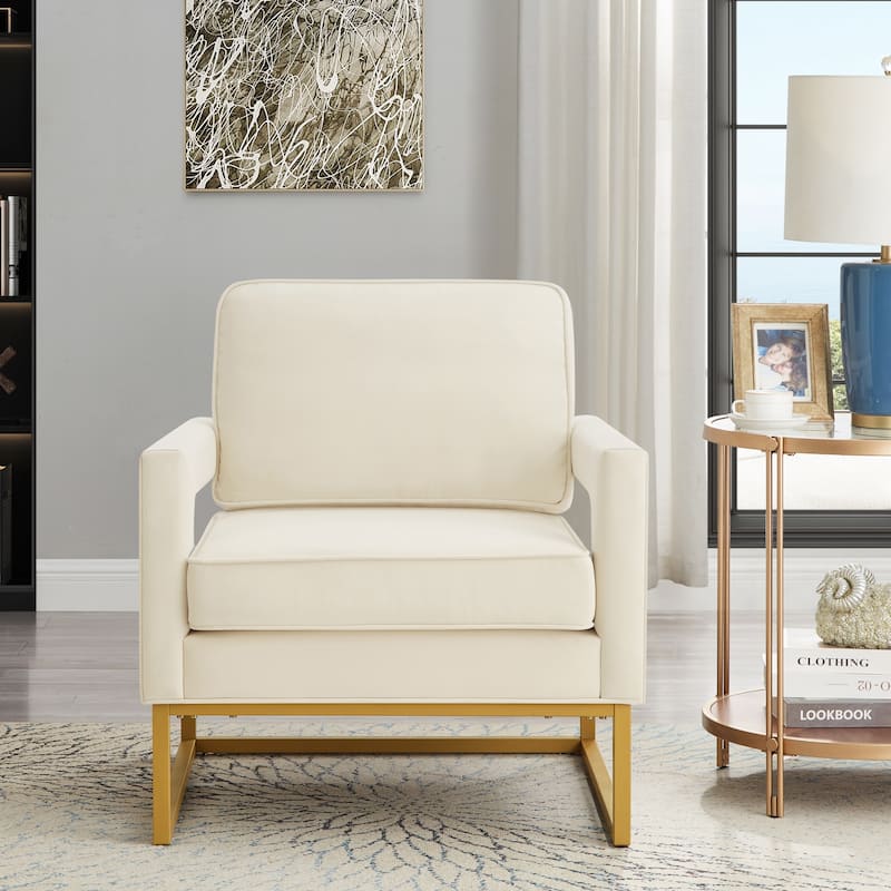 Velvet Barrel Accent Chair, Comfy Upholstered Lounge Club Chair, Reading Chair with Open Armrest & Metal Base for Living Room - Cream