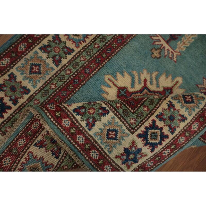 Hand Knotted Oriental 100% Wool Carpet Traditional Geometric Navy Blue & Blues Kazak Runner Rug - 9' 8'' X 2' 9''
