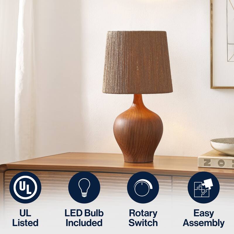 Eben 23" Resin/Metal Gourd LED Table Lamp with Paper Rope Shade, By JONATHAN Y