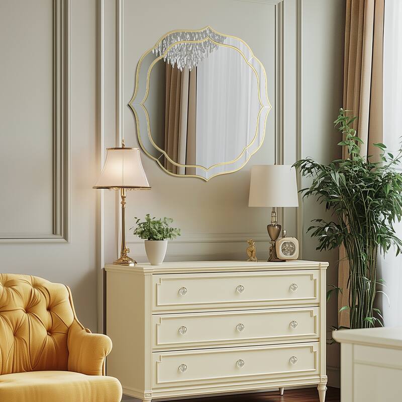 Large Gold Wall Mirror with Glass Beveled Frame - 32" x 32"