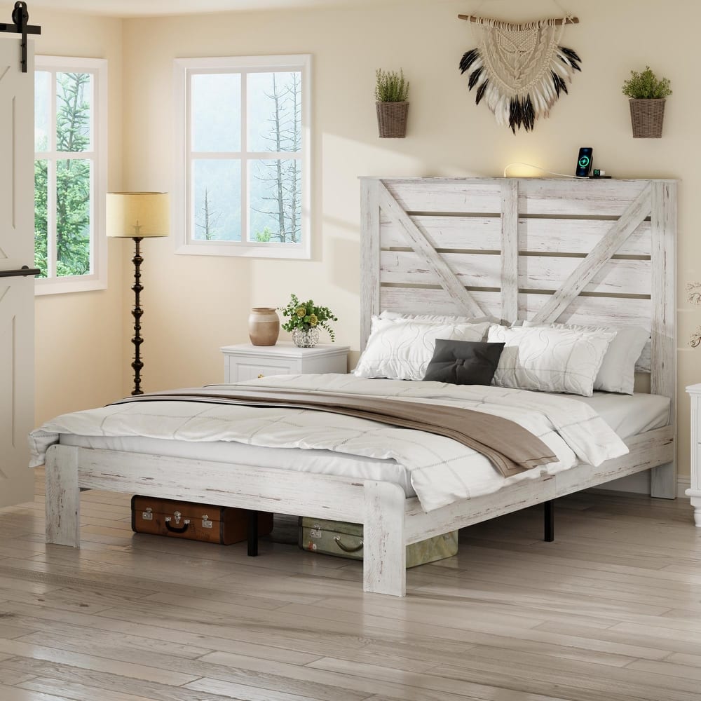 Roomfitters Bed Frame with Wood Platform, Metal Slat Mattress Support, No Box Spring Needed, Under Bed Storage, White