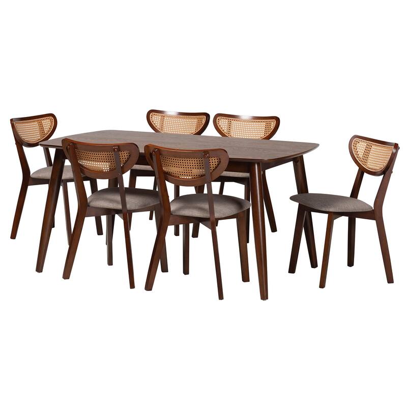 Dannell Mid-Century Modern Fabric and Wood Dining Set - Grey, Walnut Brown, Light Brown - 7PC Dining Set