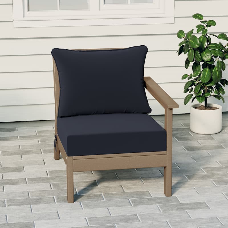 Birchwood All Weather HDPE Outdoor Patio Deep Seating Weathered Wood Right Arm Facing Chair With Cushions (1-Piece) - Weathered Wood/Navy Blue