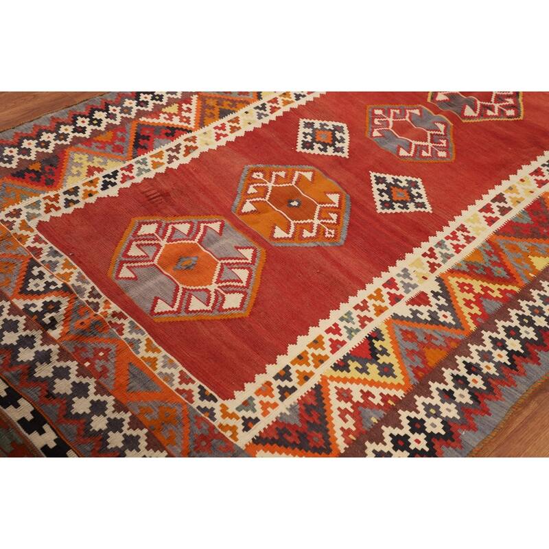 Kilim Qashqai Persian Vintage Rug Hand-Woven Orange Wool Carpet - 4'5"x 7'4"