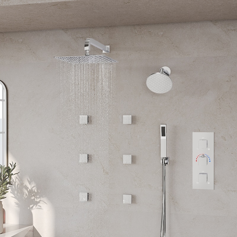 GRANDJOY 12" Wall Mounted Shower System Dual Shower Heads with 6 Body Jets