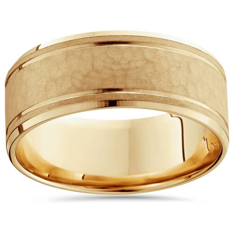 8mm Hammered Center Mens Wedding Band Yellow Gold