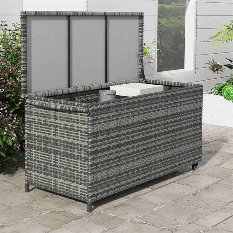 83 Gallon Deck Box, PE Wicker Trunk with Wheels for Garden Tools