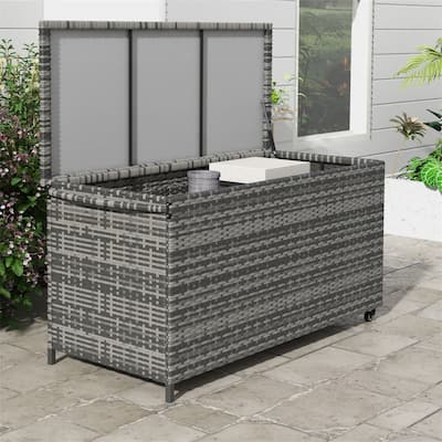 83 Gallon Deck Box, PE Wicker Trunk with Wheels for Garden Tools