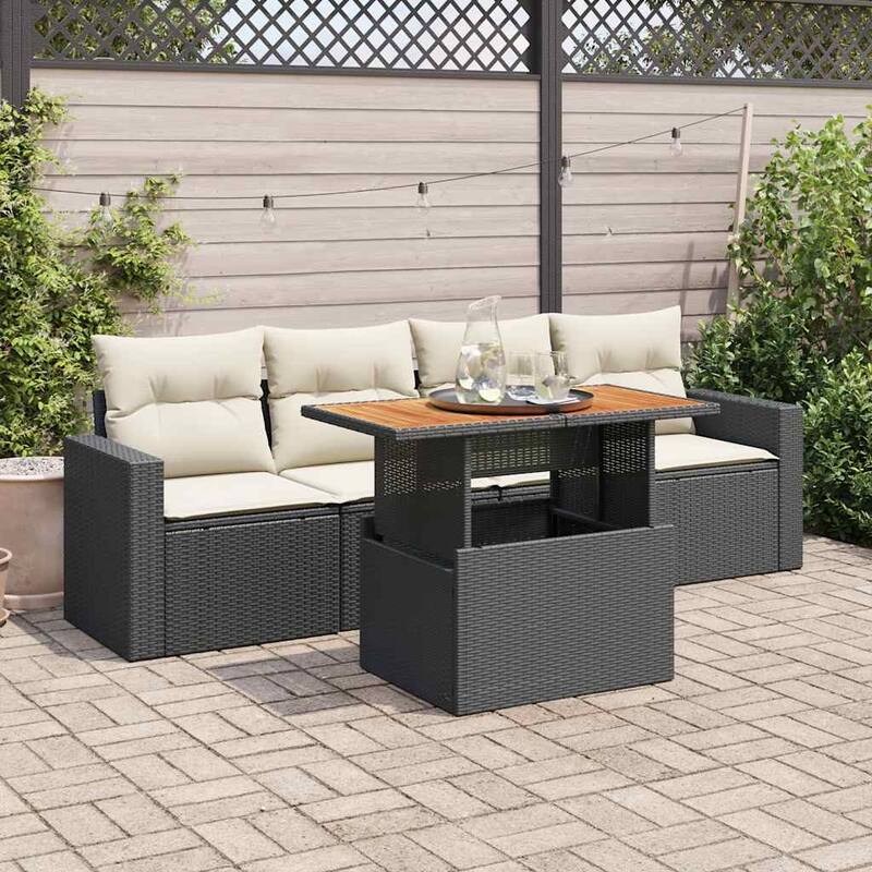 vidaXL Patio Sofa Set with Cushions Table and Sofa Sections 5 Piece Poly Rattan - 21.7 x 39.4 x 28.7 - Black and cream with storage