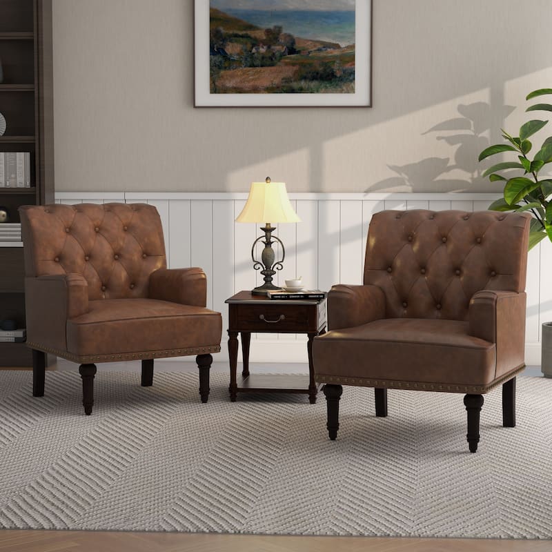 PU Leather Living Room Accent Chair with Tufted Back - Brown-2Pack
