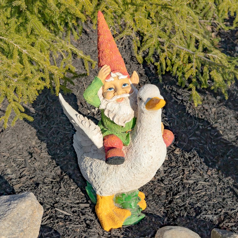 23 Inch Tall Spring Gnome Garden Statue Riding a Duck