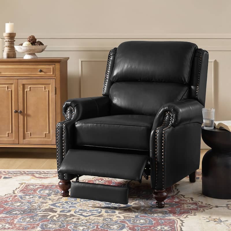 Gabriela Mid-Century Modern Genuine Leather Recliner with Tapered Block Solid Wood Feet by HULALA HOME