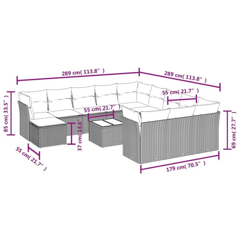 vidaXL Patio Sofa Set with Cushions Outdoor Conversation Furniture Poly Rattan - 24.4" x 24.4" x 27.2"