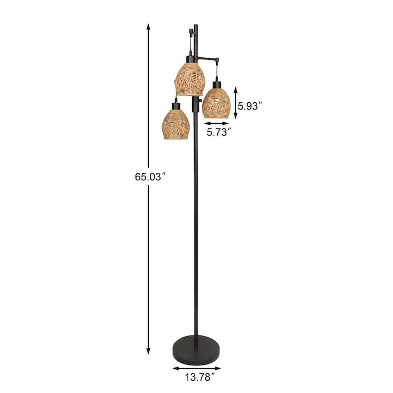 3-Lights Boho Floor Lamp with Rattan Shades