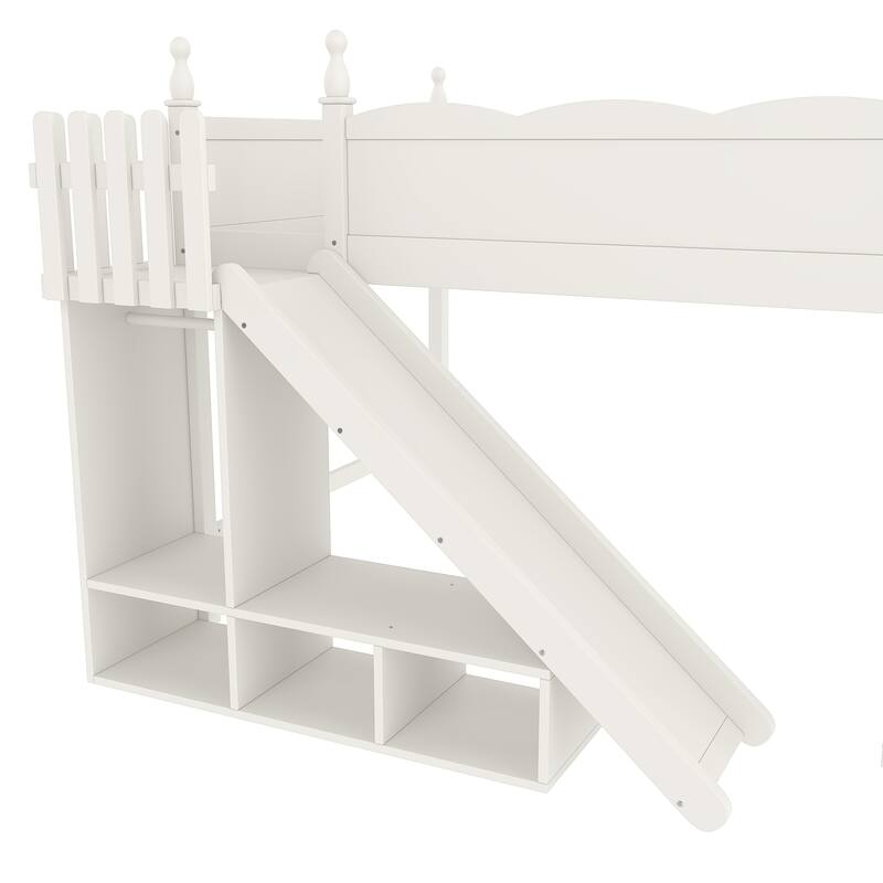 Queen Loft Bed with Storage Shelves and Wardrobe, Solid Wood Loft Beds with Detachable Slide and Ladders, No Spring Box Needed