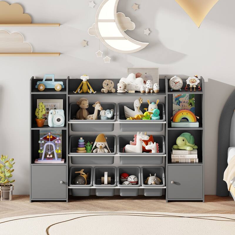 56" Kids Storage Shelf with 8 Removable Bins Rounded and Corners Anti-Tip Design - 56" x 12" x 39"