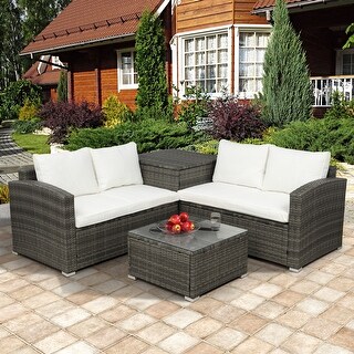 4 PCS Outdoor Cushioned PE Rattan Wicker Sectional Sofa Set Garden Patio Furniture Set (Beige Cushion)