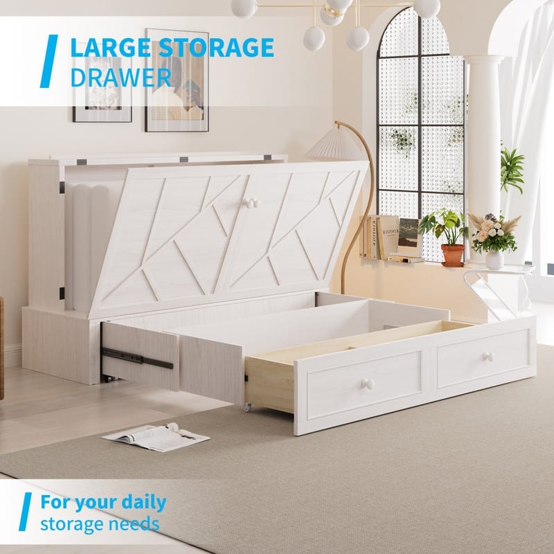 Mixoy Modern Queen Murphy Bed Chest with Foldable Mattress and USB ports