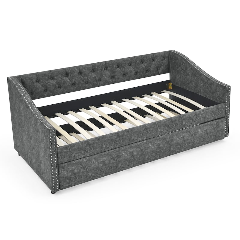 Twin Size Daybed with Twin Size Trundle Upholstered Tufted Sofa Bed