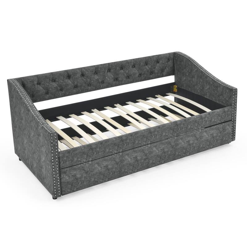 Twin Size Upholstered Daybed Frame with Trundle & Tufted Backrest