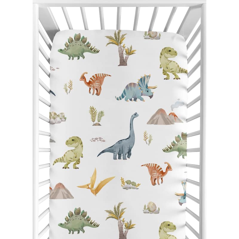 Sweet Jojo Designs Watercolor Dinosaur Dino Boy 2 Pack Fitted Crib Sheets Blue Tracks Footprint Modern Dinosaurs Nature Animal