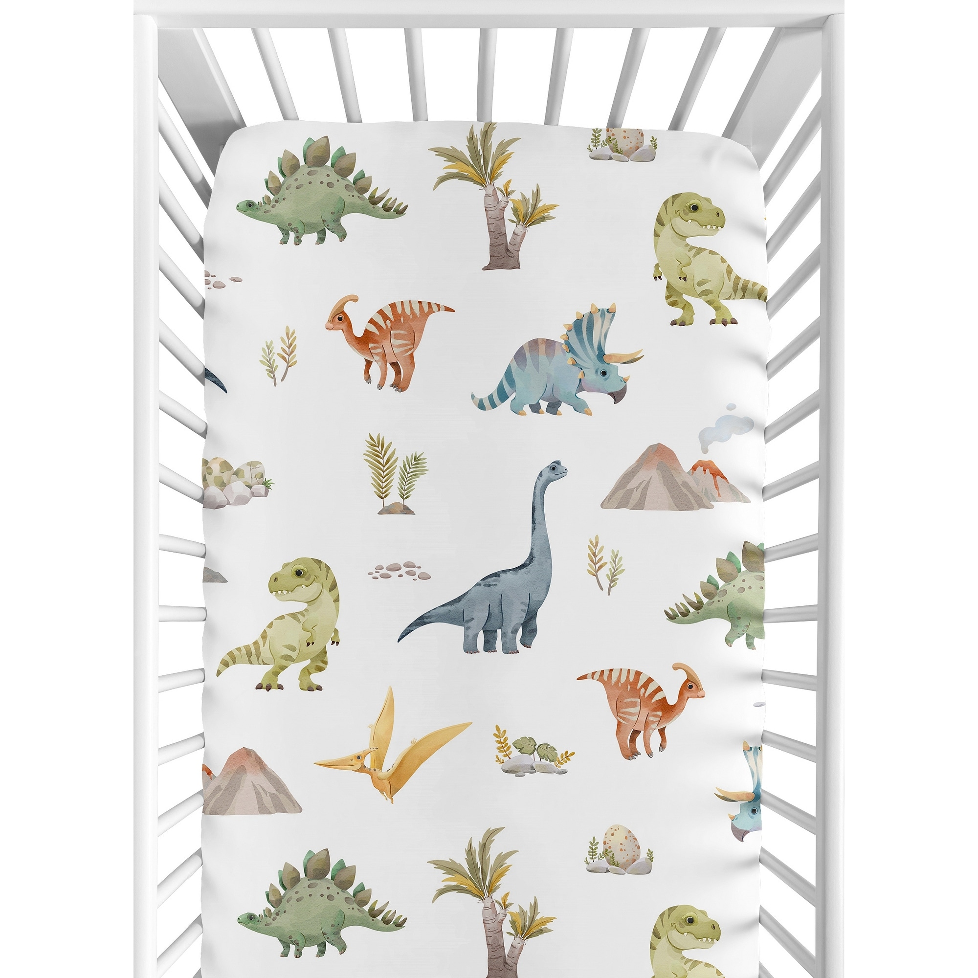 Sweet Jojo Designs Watercolor Dinosaur Dino Boy Fitted Crib Sheet Green Blue White Modern Dinosaurs Jurassic Nature Animal Steel