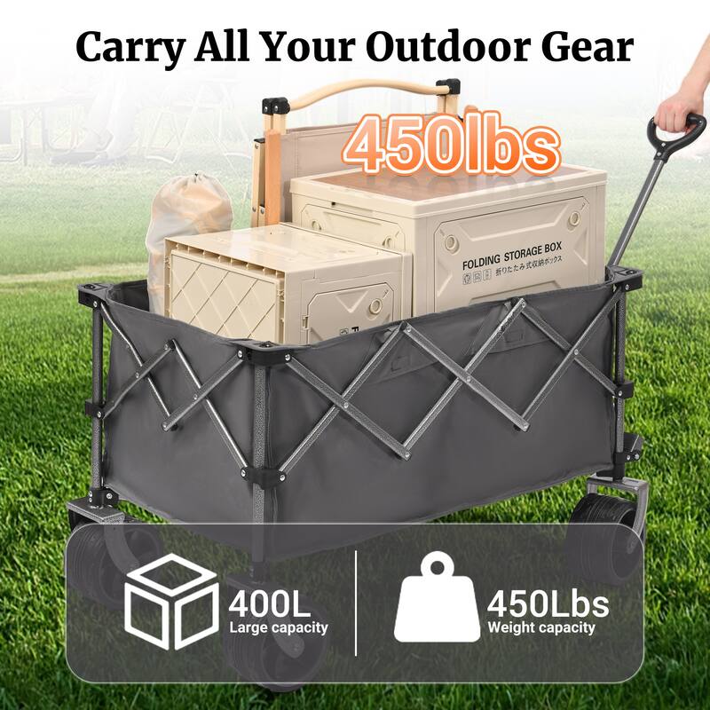 400L Collapsible Wagon, Folding Wagon Cart , Beach Wagon with Big Wheels, 450LB Heavy Duty Foldable Wagon
