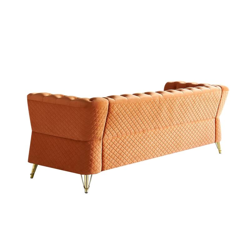 Tufted Velvet Sofa 87.4" - Flared Arms, Golden Frame