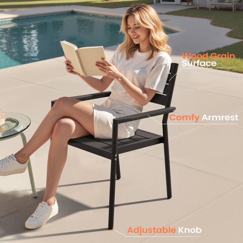 Set of 9 Outdoor Patio Dining Set WoodLike Aluminum Umbrella Hole Table with Stackable Armchairs, Double Top Market Umbrella Set