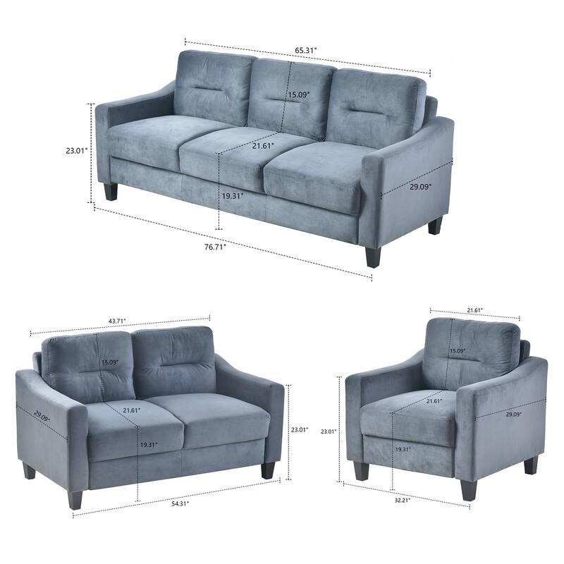 Modern Minimalist Velvet Upholstered 3 Piece Living Room Set