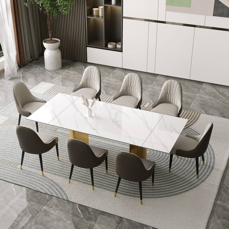 9 - Piece 94.48'' Extendable Sintered Stone Dining Table with 8 Chairs Dining Set - Gold leg