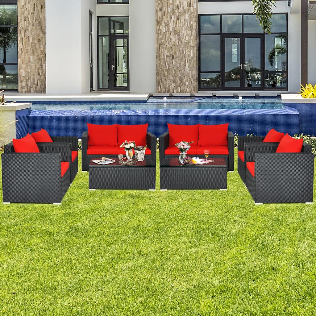 Costway 8PCS Patio Rattan Cushioned Sofa Chair Coffee Table Garden Red - See Description