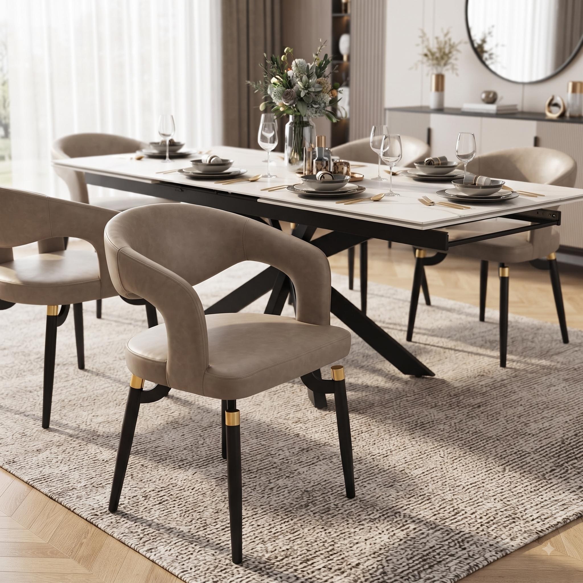 Entice Set of 4 Modern Dining Chairs, Curved Open Back, Black Metal Legs with Gold Accents
